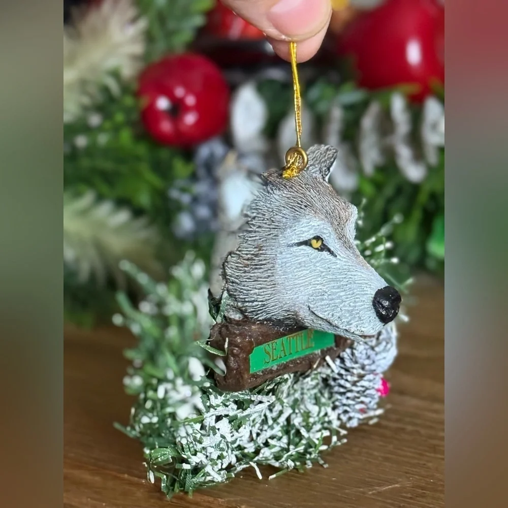 Wolf Christmas Ornament with Seattle Sign Made in USA Artisans
